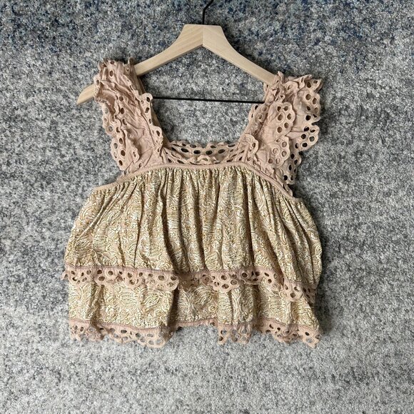 Unknown Tops - Let Me Be Shirt Womens XS Beige Lace Trim Boho‎ Eyelet Ruffle Sleeveless Top